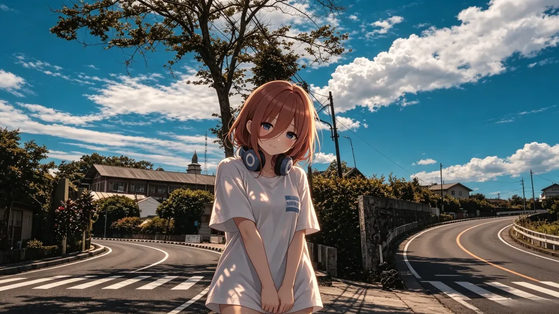 3k中野三玖壁纸｜背景图片 - 夏日公路蓝天白云少女「哲风壁纸」