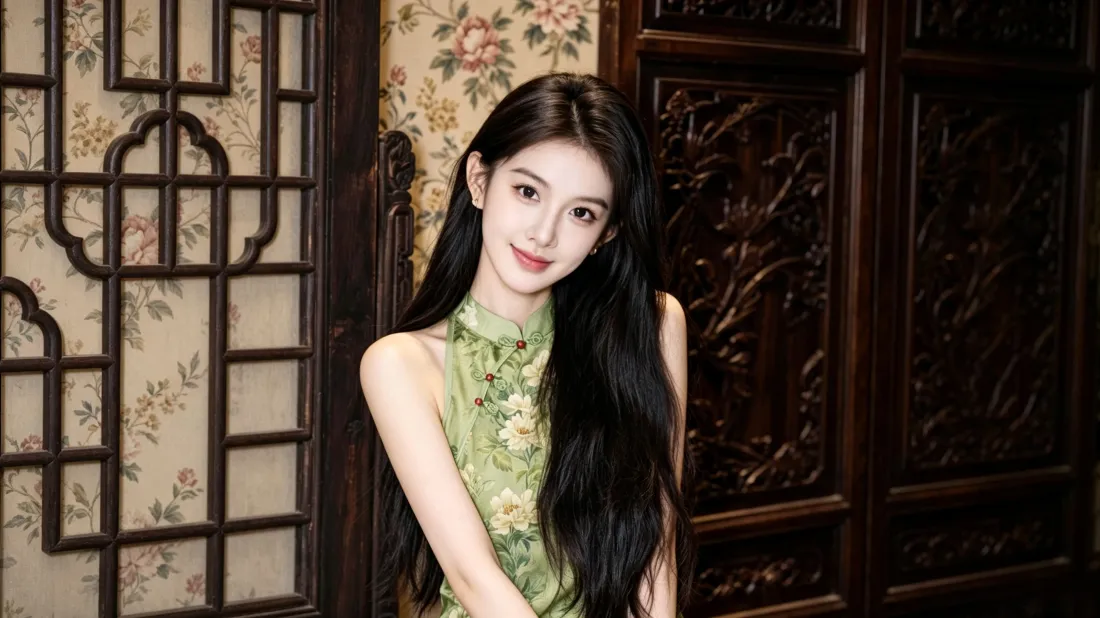 3k绿旗袍长发美女壁纸｜中式雕花背景 - 温婉国风写真「哲风壁纸」
