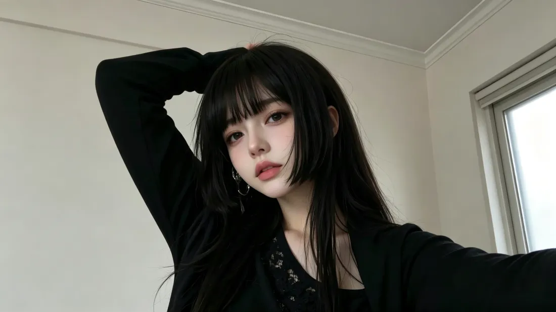 3k黑衣长发少女壁纸｜白墙室内背景图片 - 冷感自拍「哲风壁纸」
