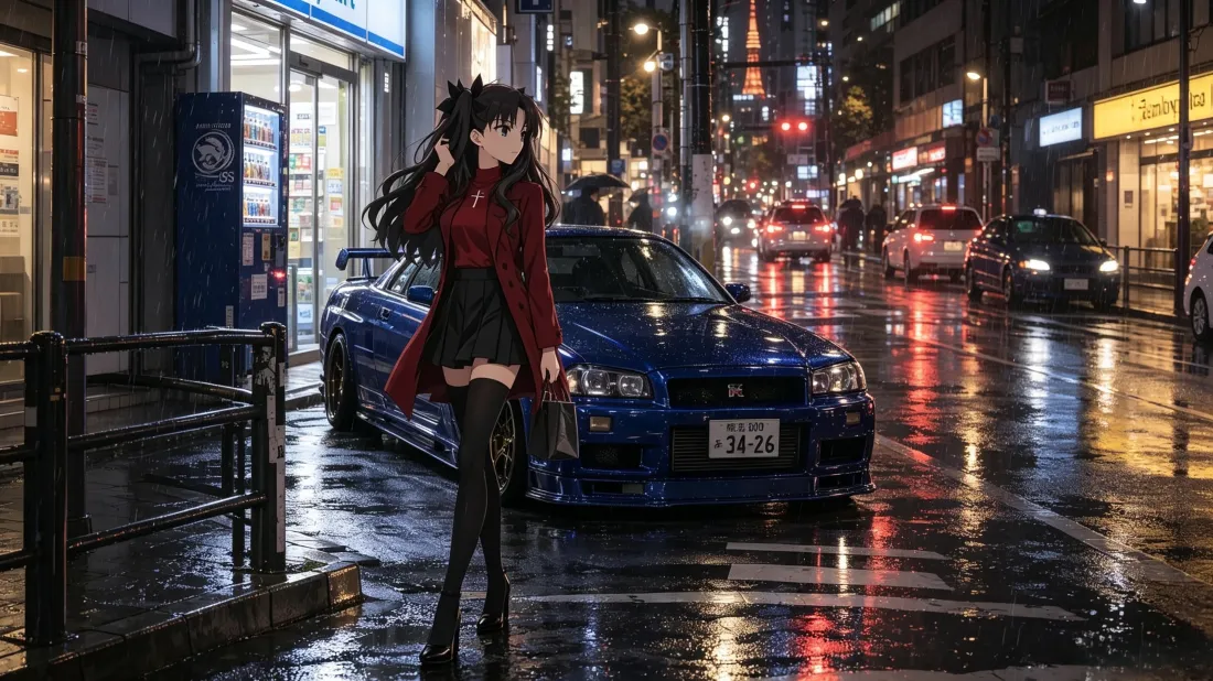 3k远坂凛壁纸｜雨夜东京街景 - 蓝色GTR跑车「哲风壁纸」