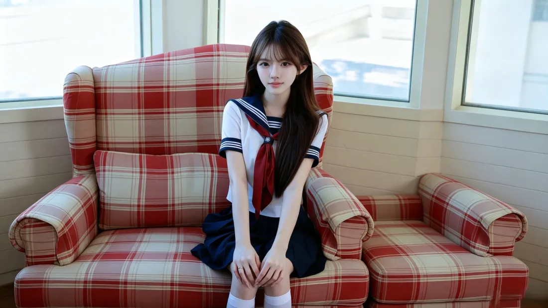3k水手服少女壁纸｜红格纹沙发背景图片 - 居家窗边写真「哲风壁纸」
