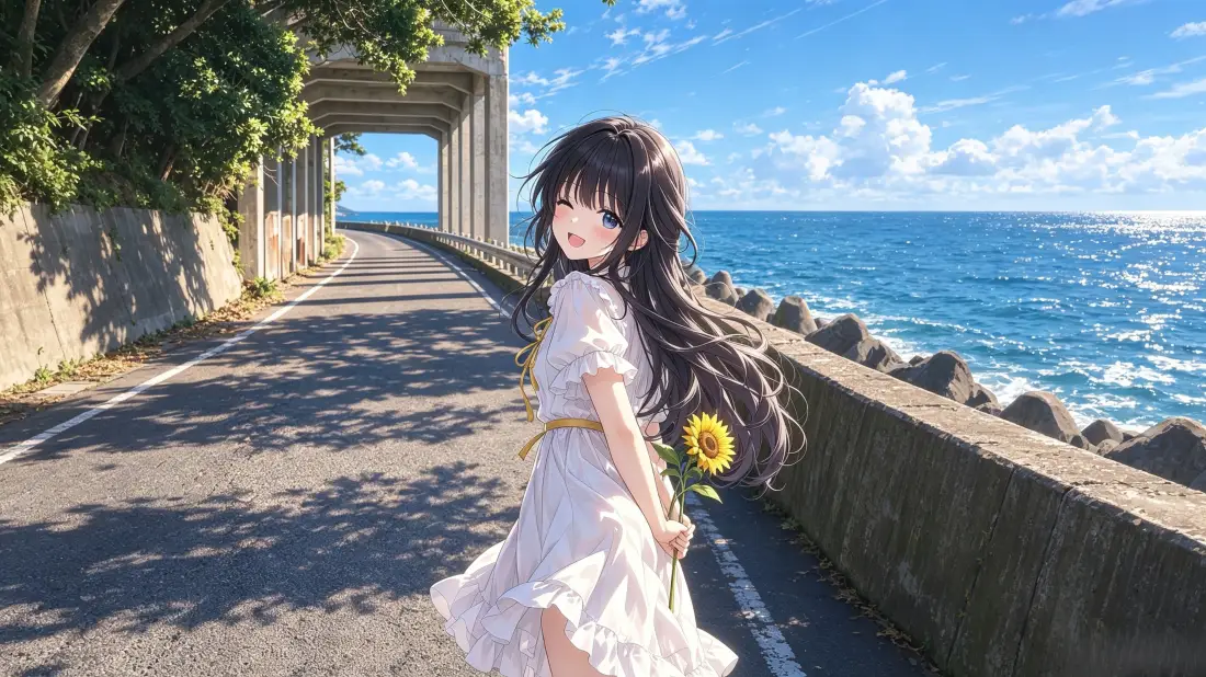 3k海边动漫少女壁纸｜白裙向日葵背景图片 - 夏日晴空海堤「哲风壁纸」