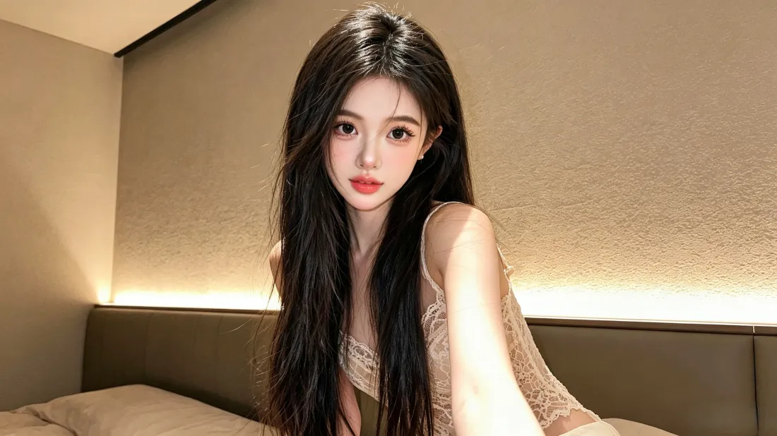 3k长发纯欲美女壁纸｜卧室暖光背景图片 - 蕾丝吊带氛围感写真「哲风壁纸」