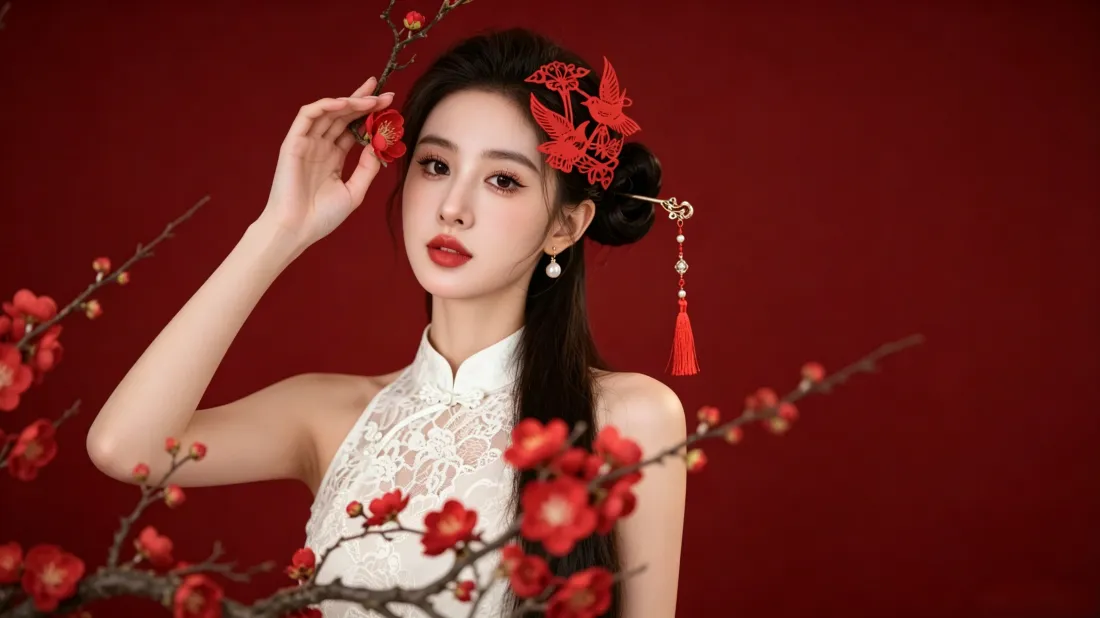 3k红旗袍美女｜红背景图片 - 红梅新中式国风写真「哲风壁纸」