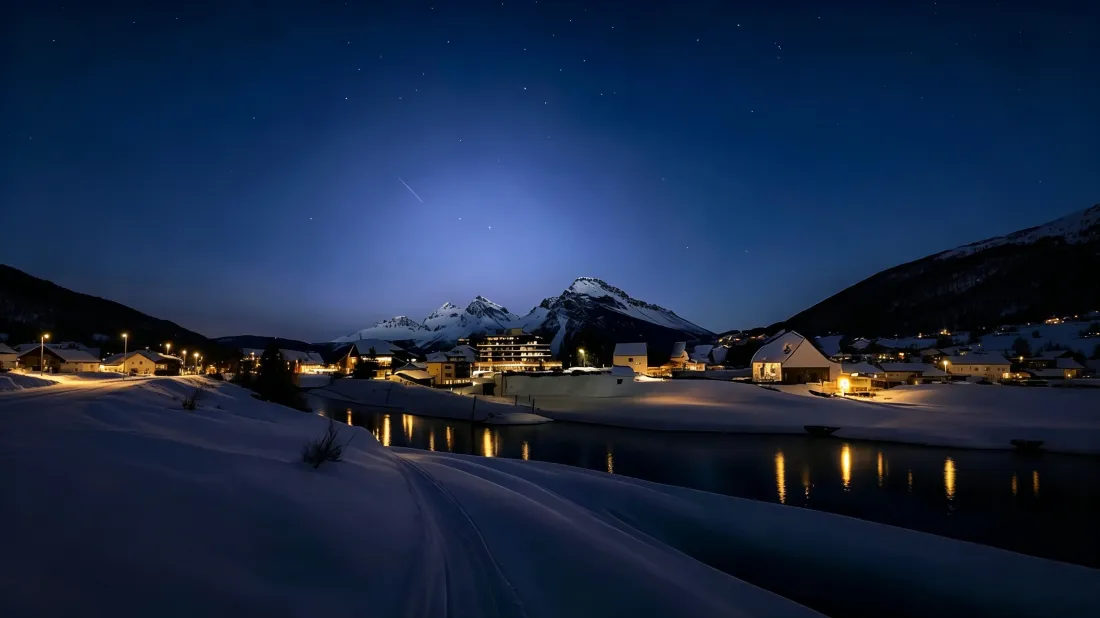 3k席尔瓦普拉纳壁纸｜雪山湖畔夜景背景图片 - 瑞士冬日小镇暖灯「哲风壁纸」