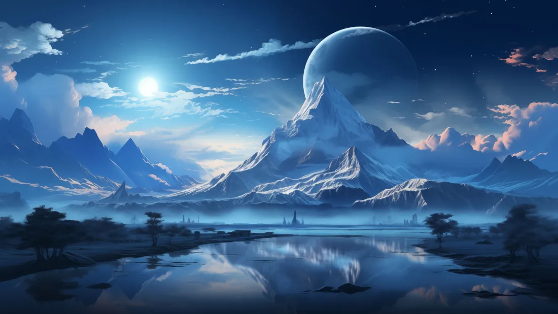 4k异星山脉湖泊壁纸｜科幻夜空背景图片 - 巨月蓝调山水幻境「哲风壁纸」