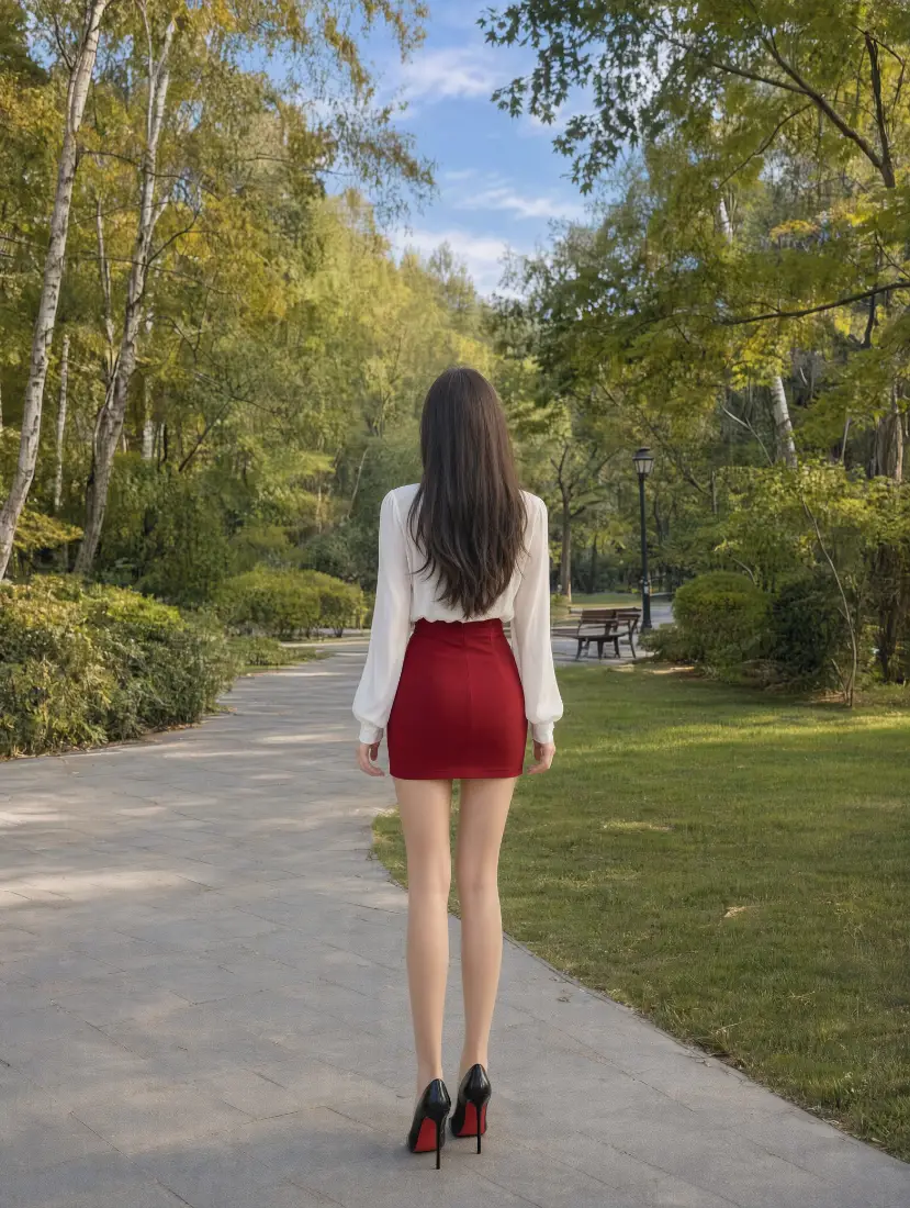 红裙长发美女手机壁纸｜公园步道背景图片 - 背影穿搭「哲风壁纸」