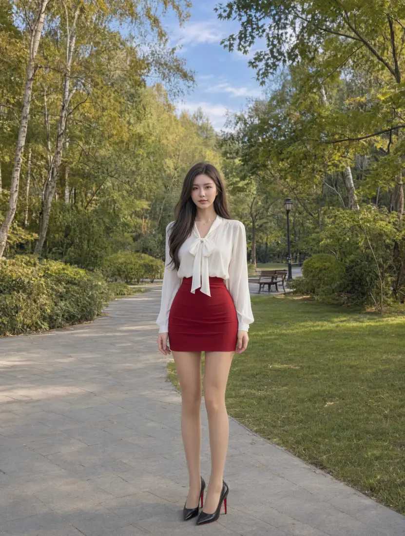 红衣短裙美女手机壁纸｜公园步道背景图片 - 长发OL穿搭户外写真「哲风壁纸」