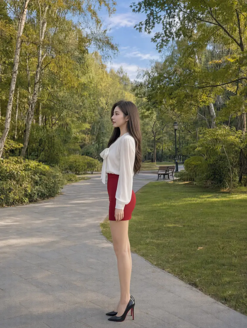 红衣长腿美女手机壁纸｜公园步道背景图片 - 白衬衫高跟穿搭「哲风壁纸」