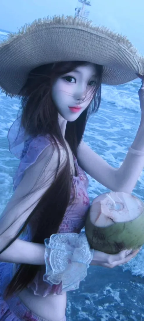 海边草帽美女手机壁纸｜蓝色海面背景图片 - 紫裙抱椰度假人像「哲风壁纸」
