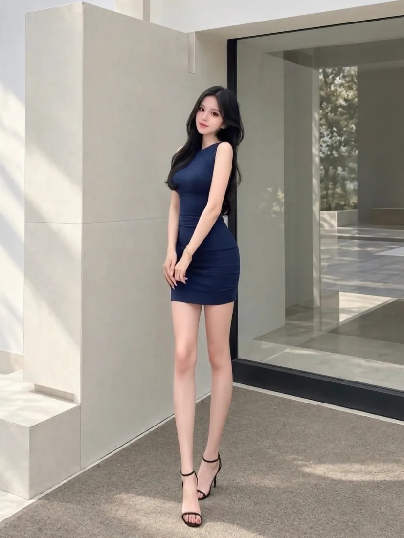 蓝衣长腿美女手机壁纸｜背景图片 - 藏蓝包臀裙街拍「哲风壁纸」