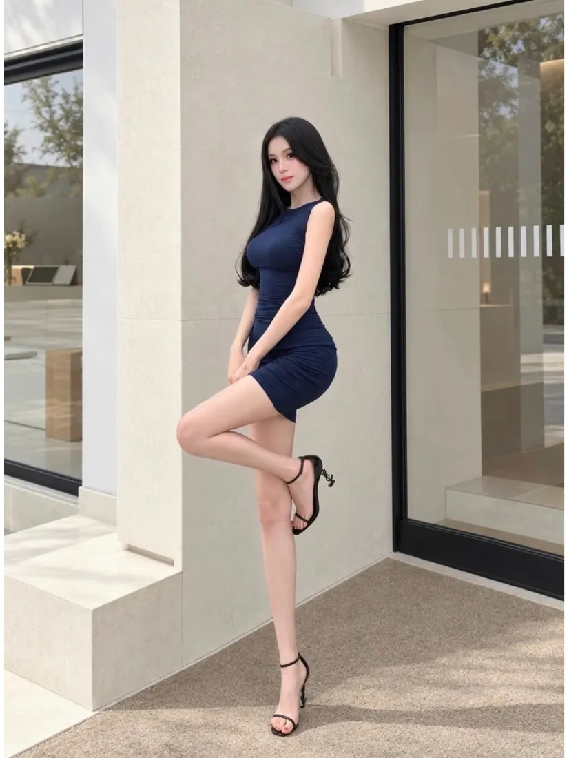 蓝裙美女手机壁纸｜背景图片 - 黑长直高跟时尚写真「哲风壁纸」