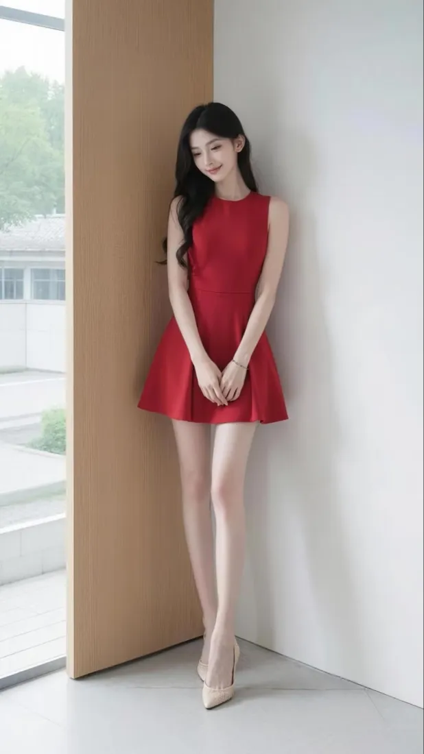 红衣长发美女手机壁纸｜室内人像背景图片 - 红色无袖短裙「哲风壁纸」