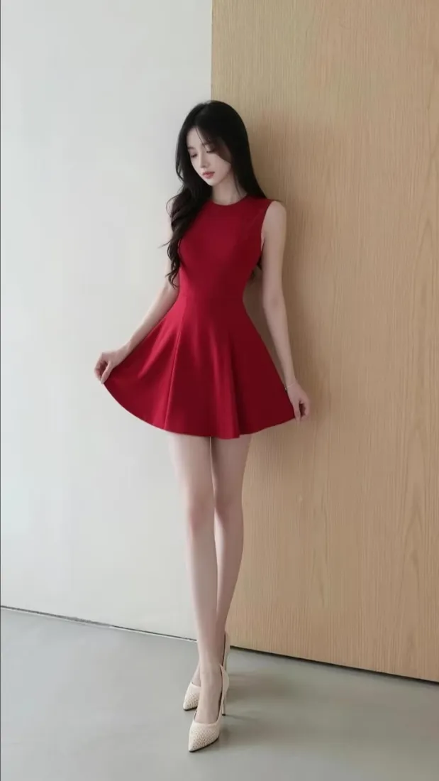 红裙美女手机壁纸｜室内人像背景图片 - 无袖短裙长发写真「哲风壁纸」