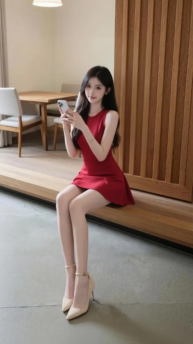 红衣美女手机壁纸｜室内坐姿背景图片 - 红裙长发高跟「哲风壁纸」