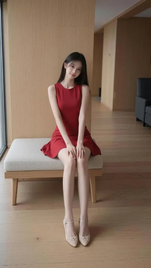 红衣美女手机壁纸｜室内长椅背景图片 - 无袖短裙长发气质写真「哲风壁纸」
