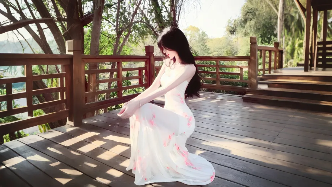 2k女神白裙写真壁纸｜林间木亭背景图片 - 阳光长裙美女「哲风壁纸」