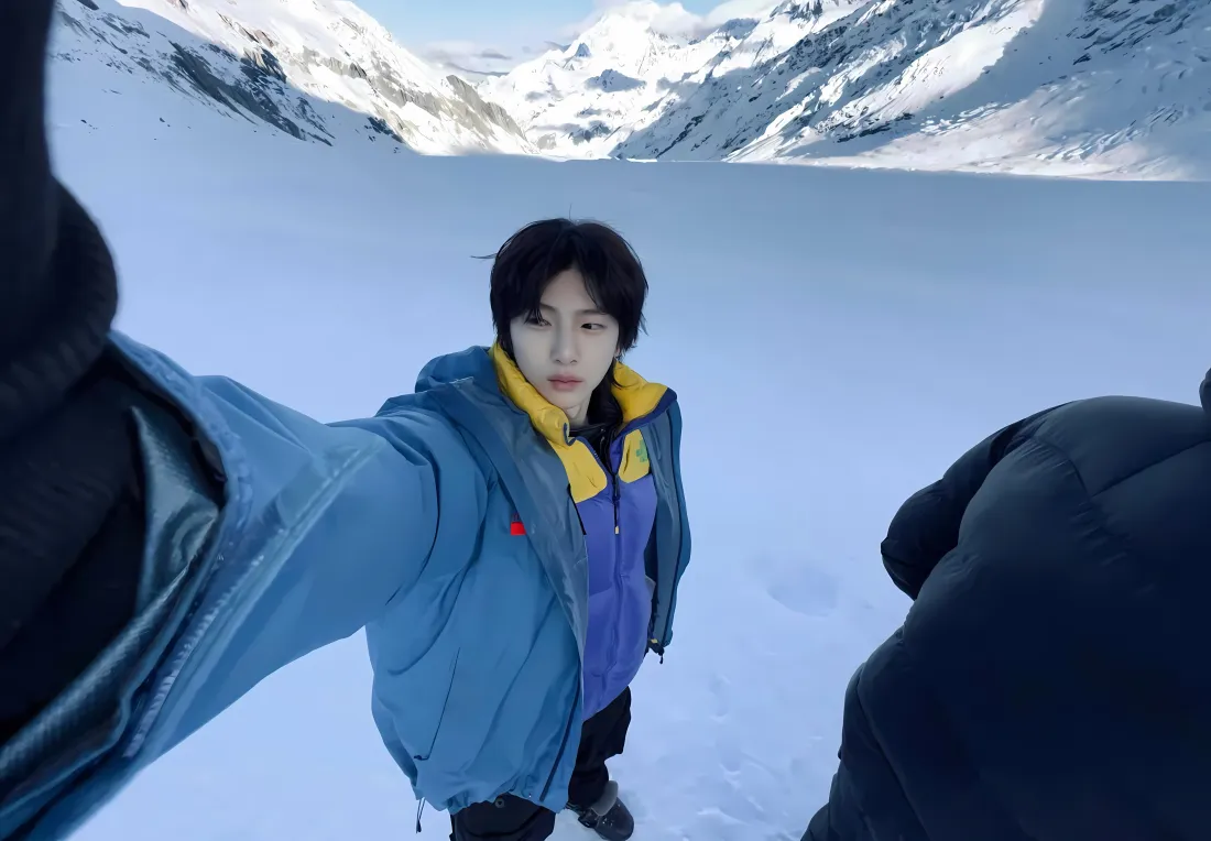 5k金主训｜雪山自拍背景图片 - 蓝色冲锋衣雪地男团成员「哲风壁纸」