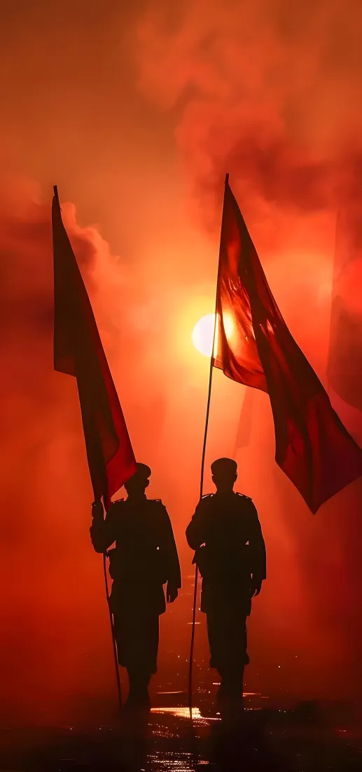 国庆军人剪影手机壁纸｜红旗夕阳背景图片 - 庄严守护「哲风壁纸」