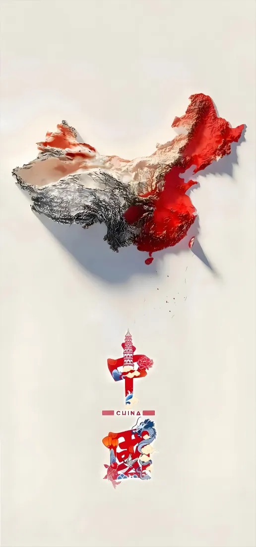 中国地图手机壁纸｜国庆背景图片 - 红色山河创意手绘「哲风壁纸」