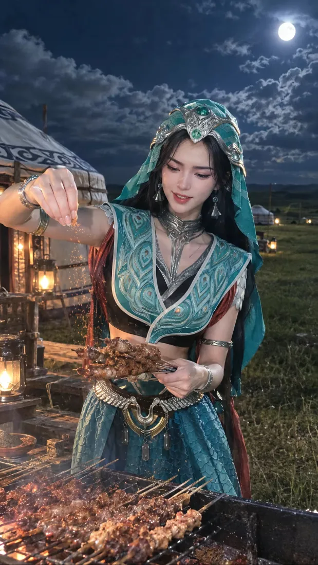 凡人修仙传慕兰圣女手机壁纸｜草原月夜烤肉背景图片 - 异域风情绿衣美女「哲风壁纸」