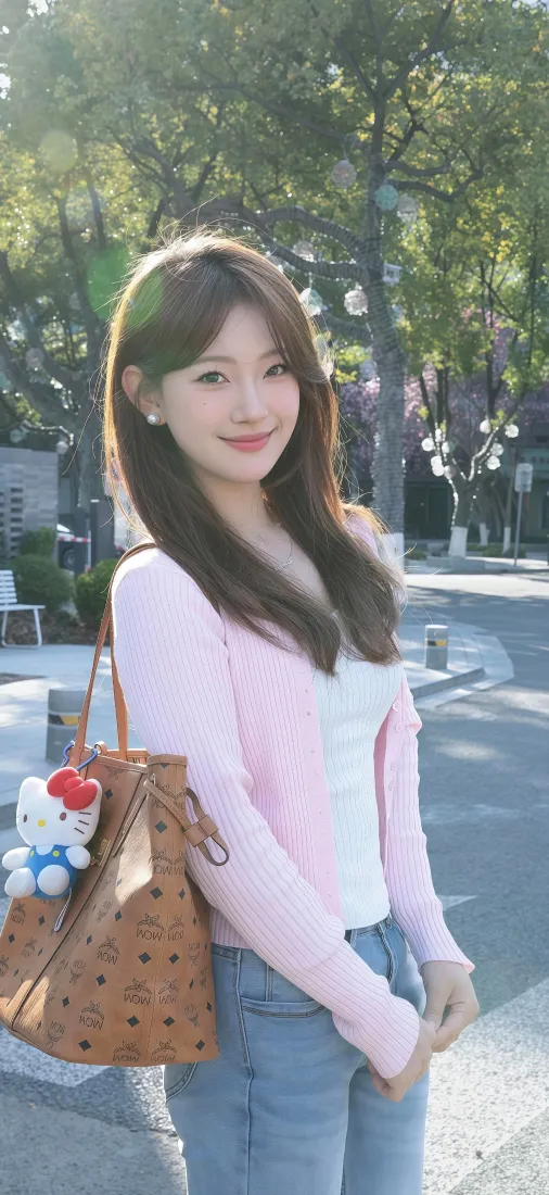 清纯女生手机壁纸｜街拍背景图片 - 粉衫牛仔裤阳光街景「哲风壁纸」