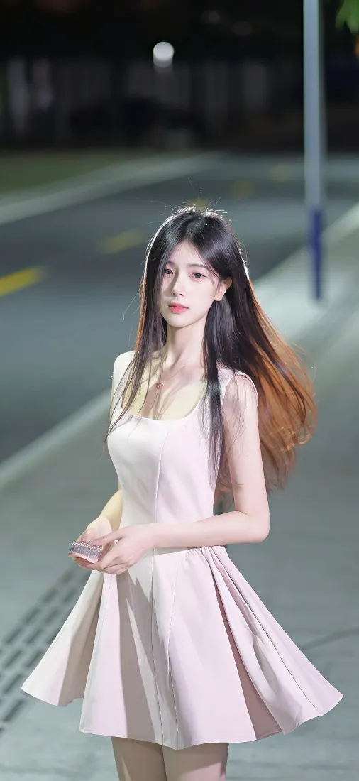 清纯长发少女手机壁纸｜夜景街拍背景图片 - 白裙氛围感「哲风壁纸」