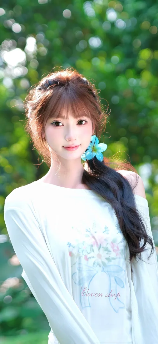 清纯少女手机壁纸｜户外绿荫背景图片 - 蓝花长发白衣「哲风壁纸」