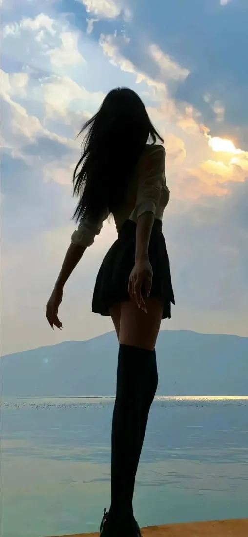 少女剪影手机壁纸｜海边天空背景图片 - 清纯长发过膝袜「哲风壁纸」