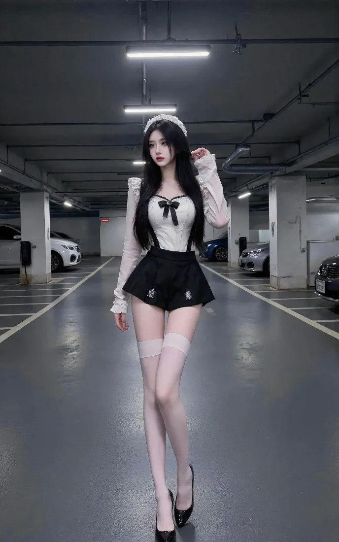 纯欲少女手机壁纸｜地下车库背景图片 - 黑白穿搭「哲风壁纸」