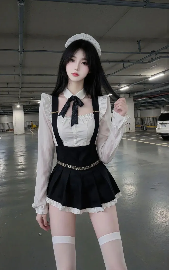 清纯少女｜地下车库背景图片 - 黑白女仆穿搭白丝「哲风壁纸」