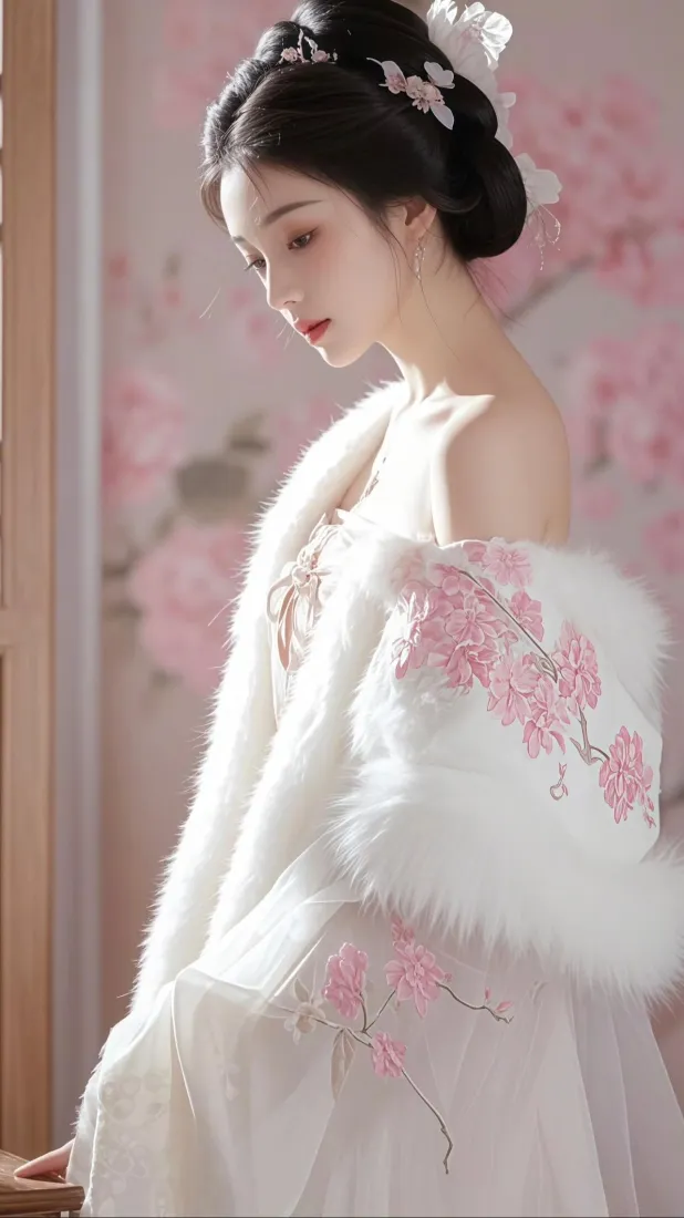 清纯古风美女手机壁纸｜白色汉服背景图片 - 粉色花影温婉少女「哲风壁纸」