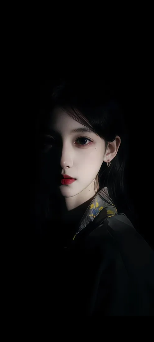 暗调红唇美女手机壁纸｜黑色背景图片 - 氛围感侧脸「哲风壁纸」