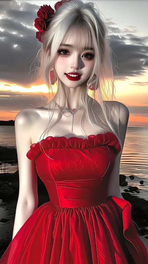 红裙银发少女手机壁纸｜海边黄昏背景图片 - 玫瑰发饰「哲风壁纸」