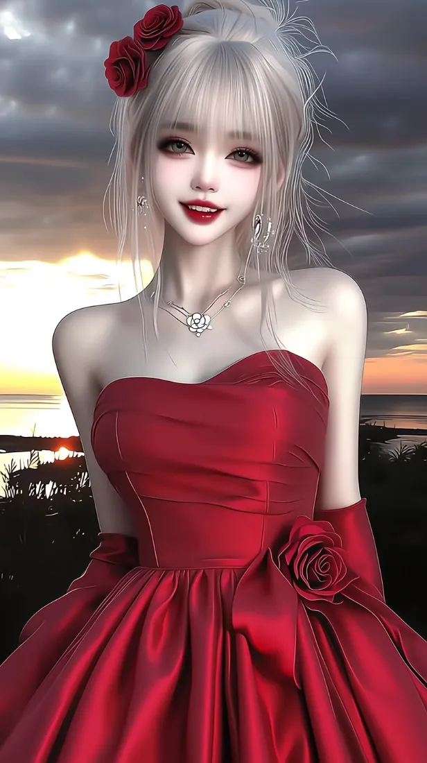 红裙银发少女手机壁纸｜黄昏背景图片 - 玫瑰礼服「哲风壁纸」