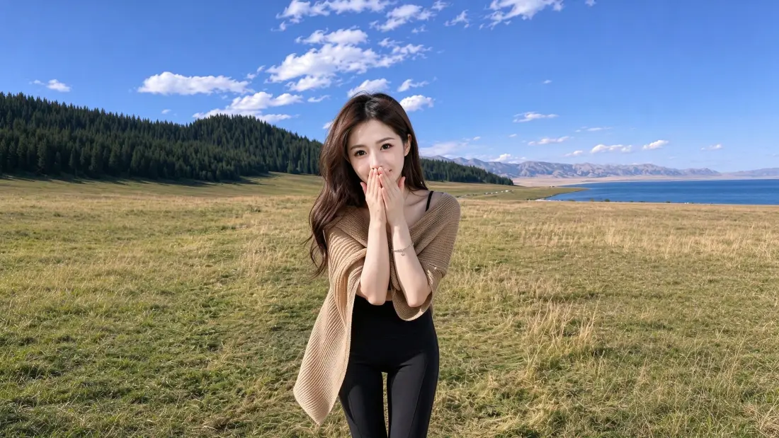 3k披肩美女壁纸｜湖畔草原背景图片 - 晴空森林远山户外写真「哲风壁纸」