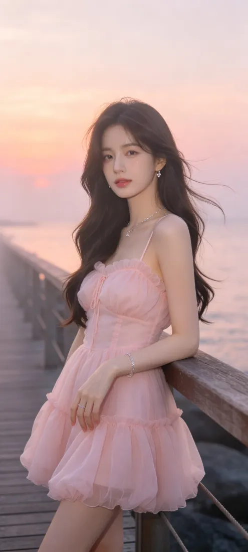 粉裙美女手机壁纸｜海边日落背景图片 - 氛围感长发少女「哲风壁纸」