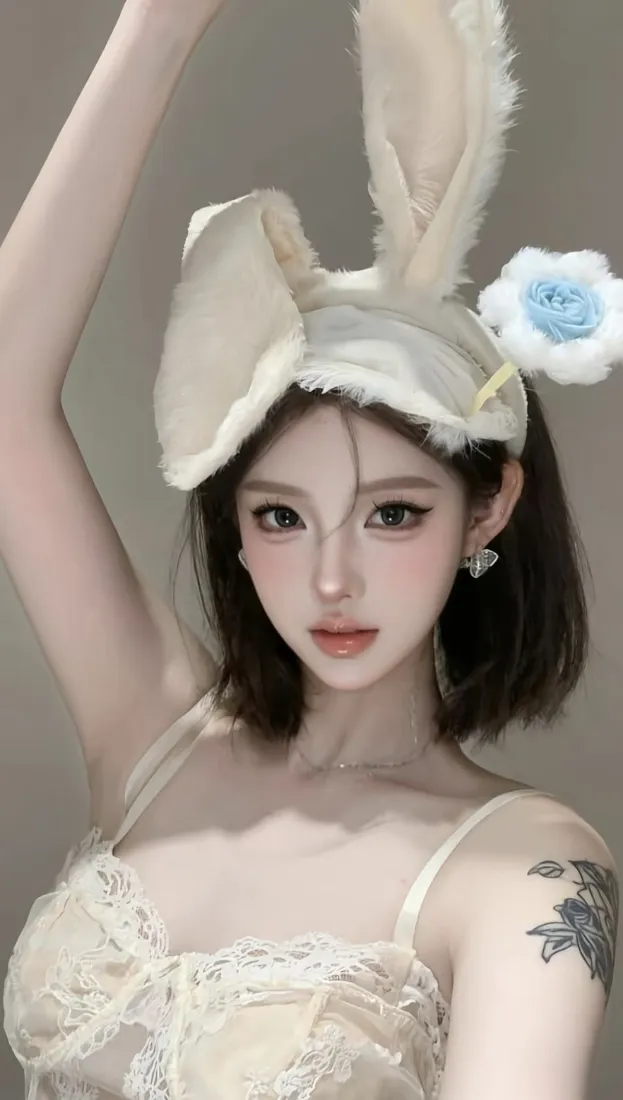 兔耳蕾丝美女手机壁纸｜纯欲风背景图片 - 短发吊带人像「哲风壁纸」