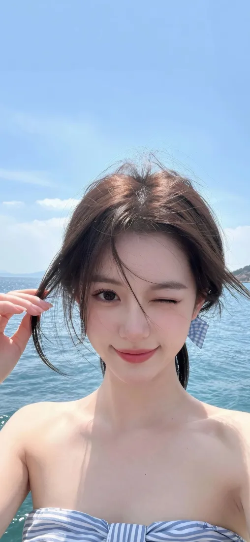 海边清纯美女手机壁纸｜背景图片 - 抹胸泳装wink夏日写真「哲风壁纸」