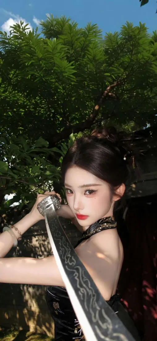 冷艳黑衣美女手机壁纸｜古风持剑背景图片 - 户外绿树红衣唇飒爽写真「哲风壁纸」
