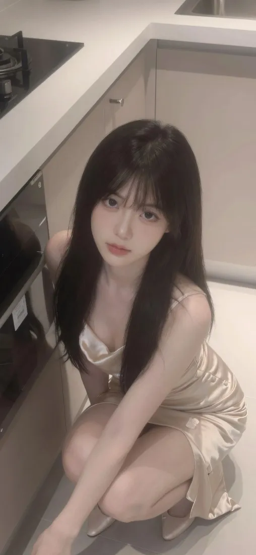 长发美女手机壁纸｜居家厨房背景图片 - 吊带裙少女「哲风壁纸」