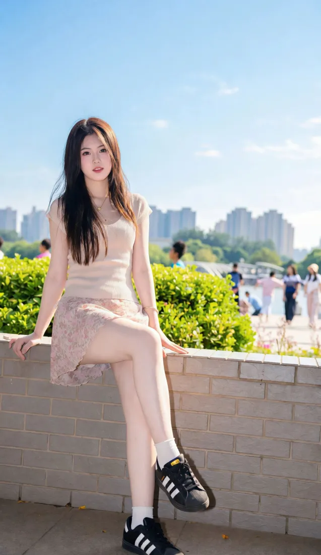 清纯美女手机壁纸｜户外晴天背景图片 - 裸色连衣裙长发少女「哲风壁纸」