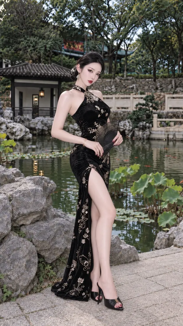 旗袍美女手机壁纸｜园林池塘背景图片 - 黑色刺绣高开叉「哲风壁纸」