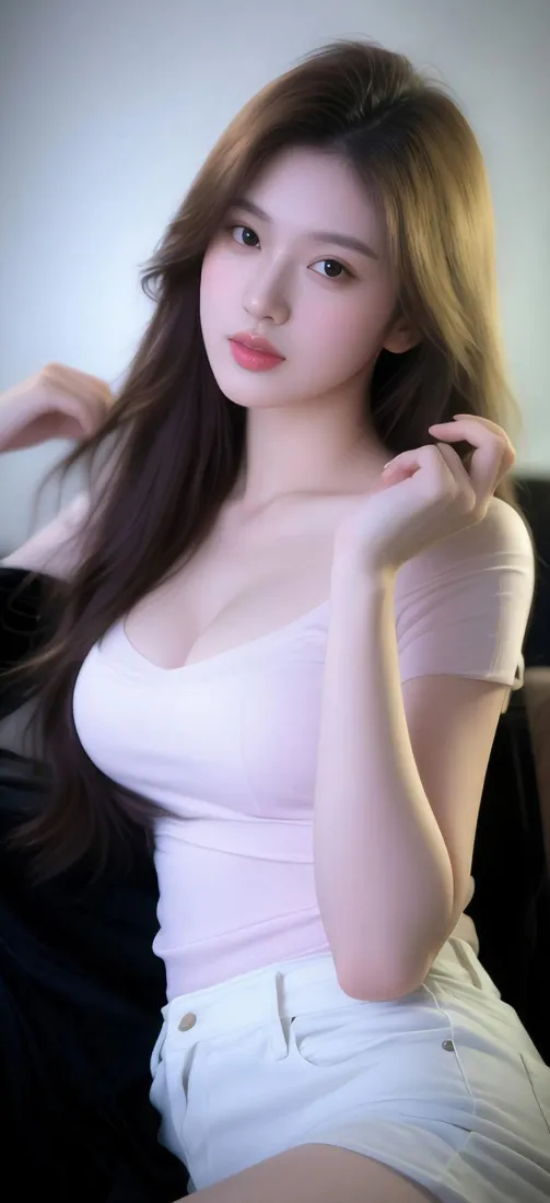 长发美女手机壁纸｜白背心白短裤背景图片 - 纯欲室内氛围感写真「哲风壁纸」