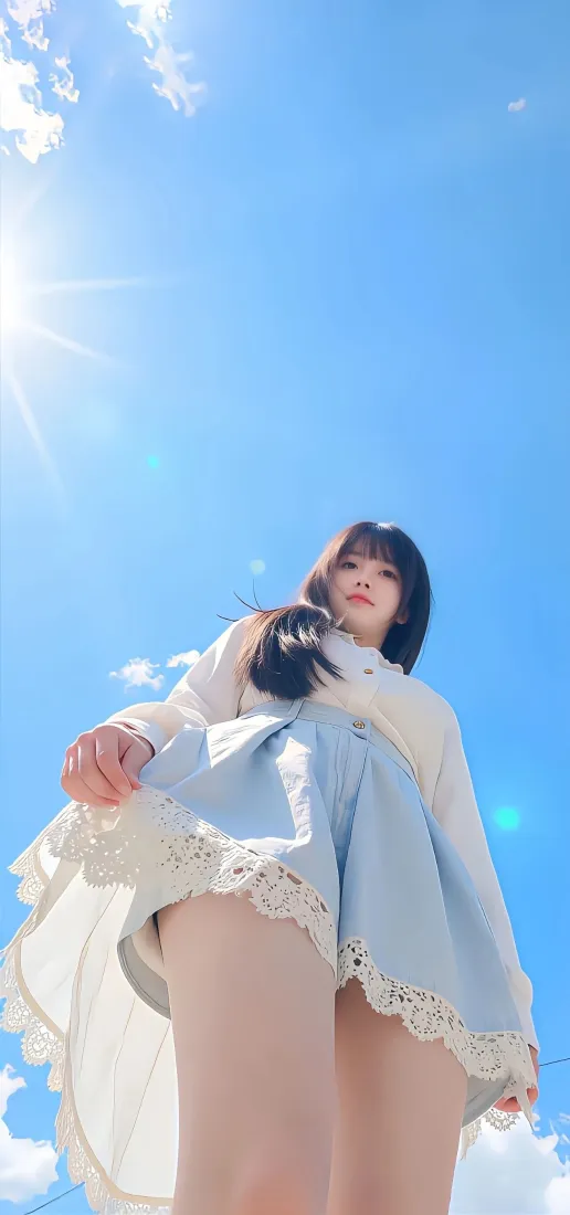 蓝天下清纯少女手机壁纸｜仰拍户外背景图片 - 白蓝裙装阳光美少女「哲风壁纸」