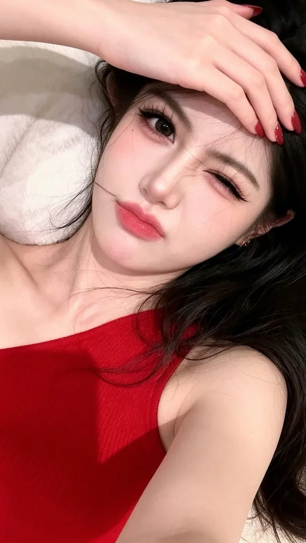 红衣美女手机壁纸｜红裙自拍背景图片 - 妩媚 wink 长发人像「哲风壁纸」