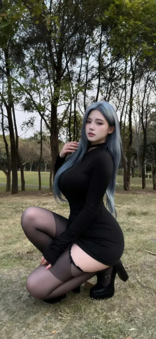 蓝发黑裙美女手机壁纸｜户外树林背景图片 - 黑丝高跟御姐风「哲风壁纸」
