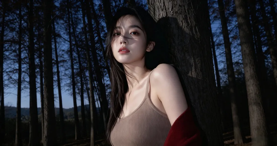 3k长发美女壁纸｜暮色森林背景图片 - 吊带氛围感写真「哲风壁纸」