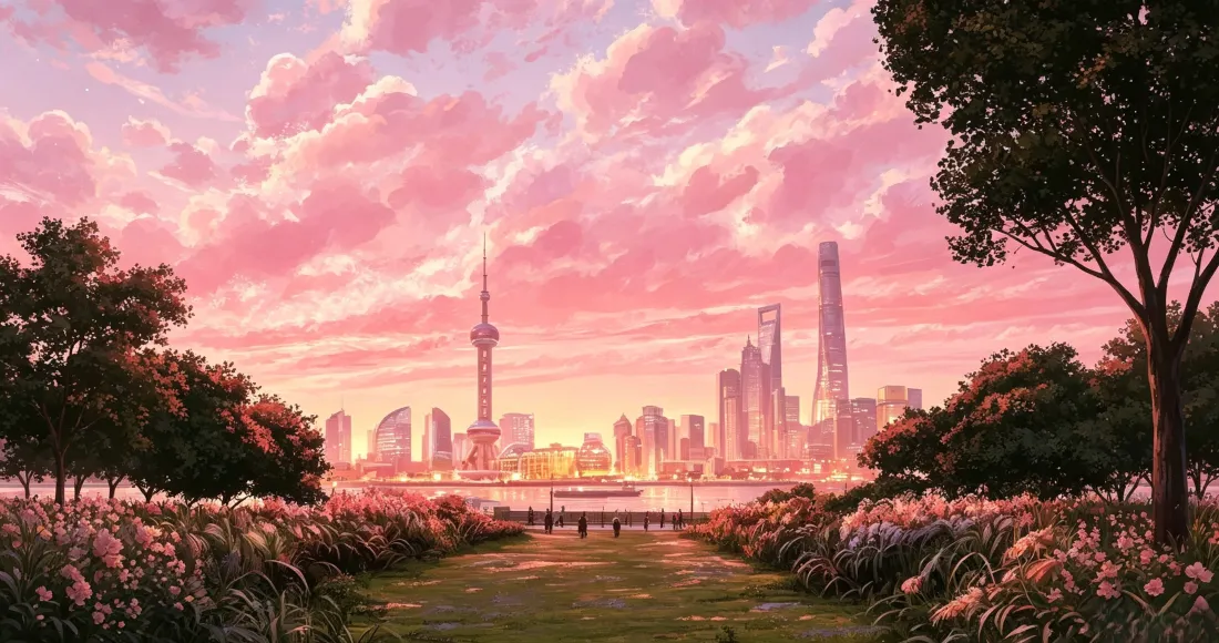 3k上海陆家嘴天际线壁纸｜粉色晚霞背景图片 - 滨江花径城市风景「哲风壁纸」