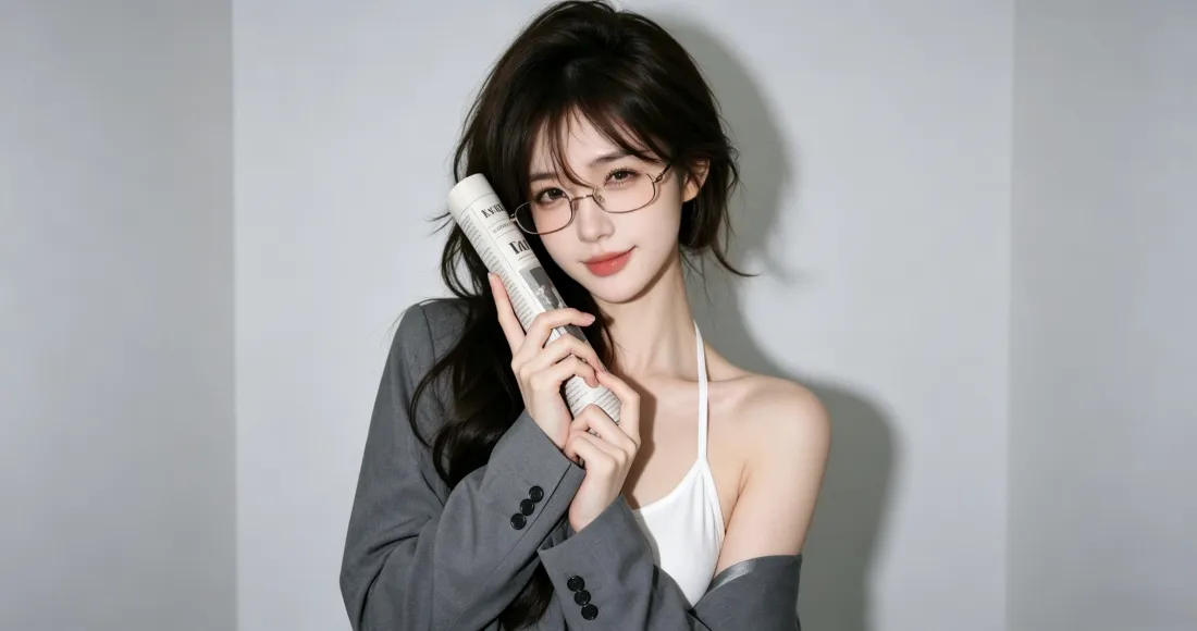 3k西装眼镜女生壁纸｜灰色背景图片 - 纯欲风吊带写真「哲风壁纸」